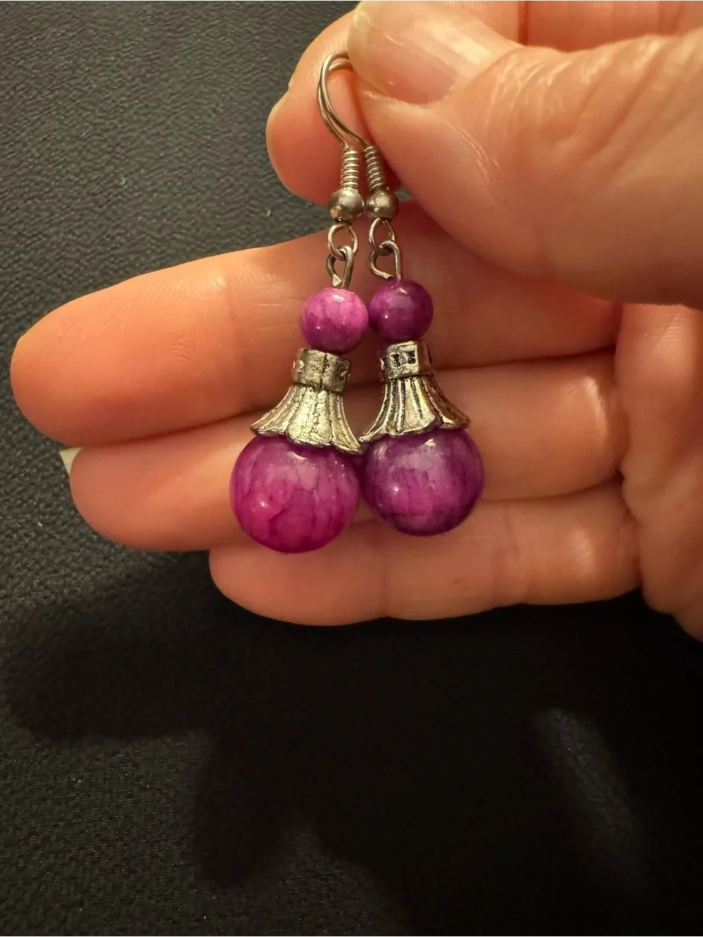 Plum Glass Bead Drop Earrings Silver Tone Boho Artisan Style Dangle